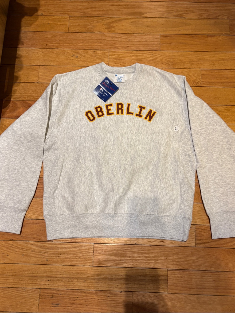 Oberlin Gray Reverse Weave Champion Crewneck Sweatshirt, Size Large L